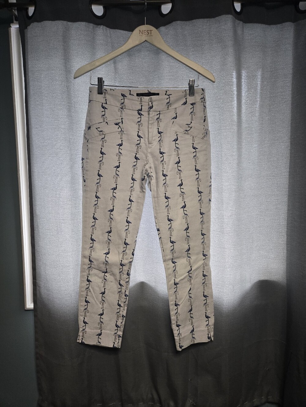 Zara Basic Womens Small White With Blue Flamingo Print Trousers